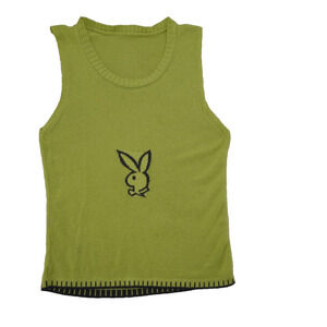 Vintage Lime Green Playboy Knit Tank Top Sleeveless Y2K Bunny Logo – Small